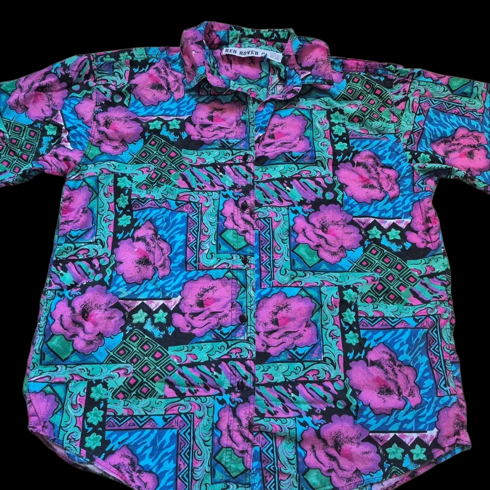 Vtg Red Rover Vibrant Floral Patterned Hawaiian Shirt Size M